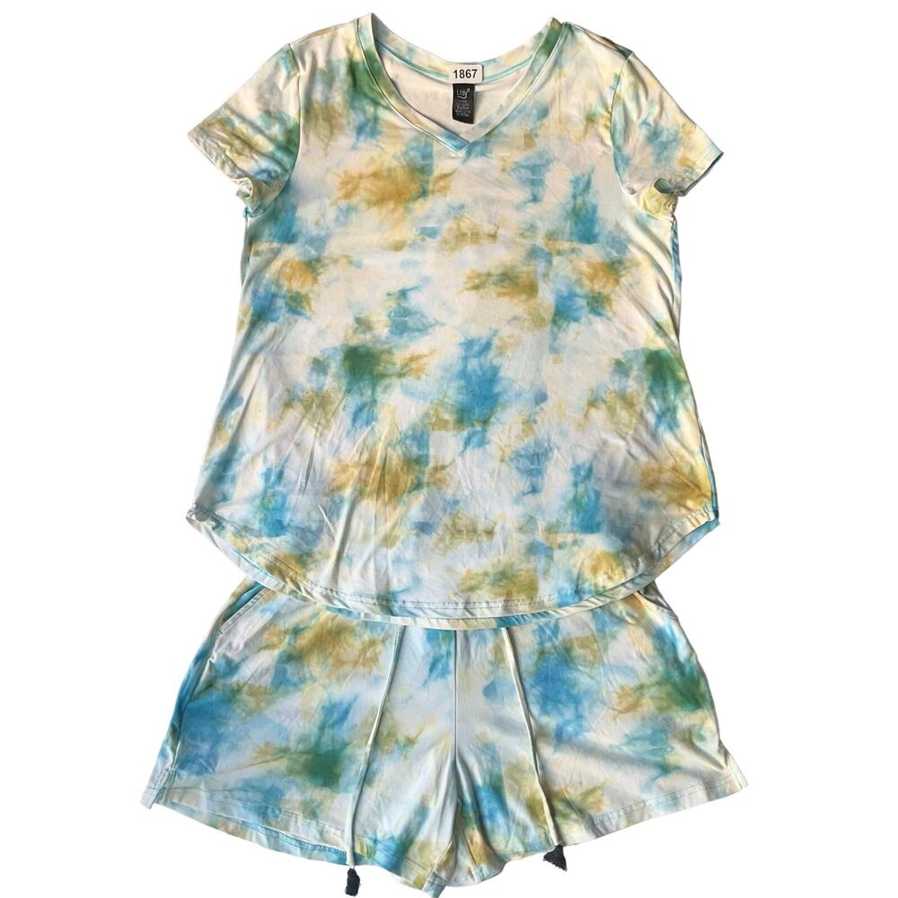 Lildy Women’s Set of Short Sleeve T-shirt & shorts, size S-M, Tie Dye White Blue